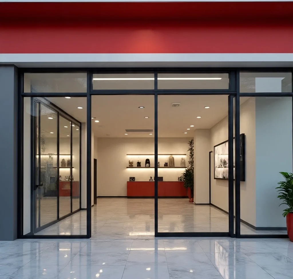 ترميم وتجديد محل تجاري بواجهة زجاجية حديثة وتصميم داخلي أنيق يشمل تحسين الإضاءة وتنظيم المساحة