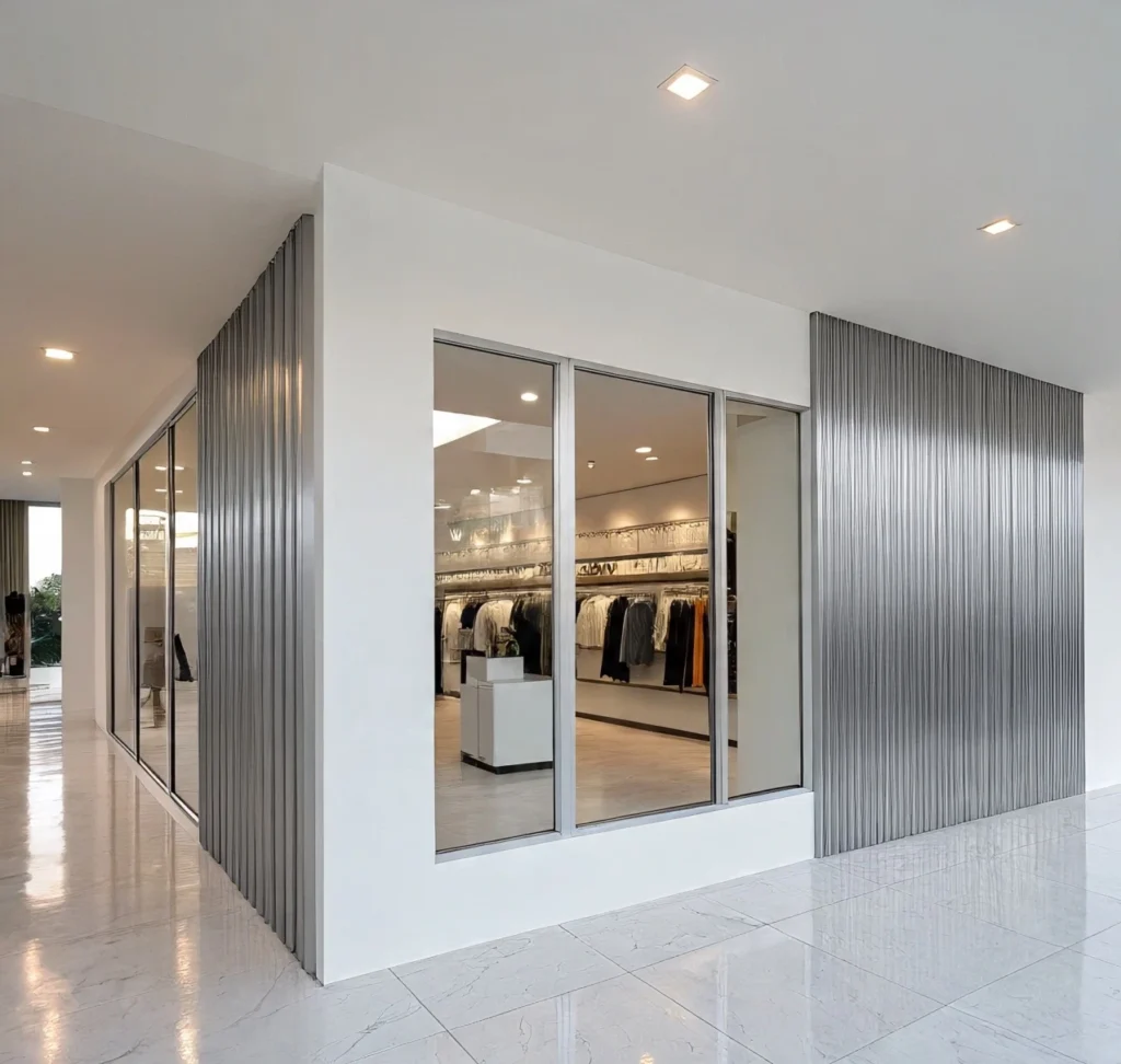 ترميم وتجديد معرض تجاري يشمل تحديث الواجهات الجدارية والزجاجية وتحسين الإضاءة الداخلية