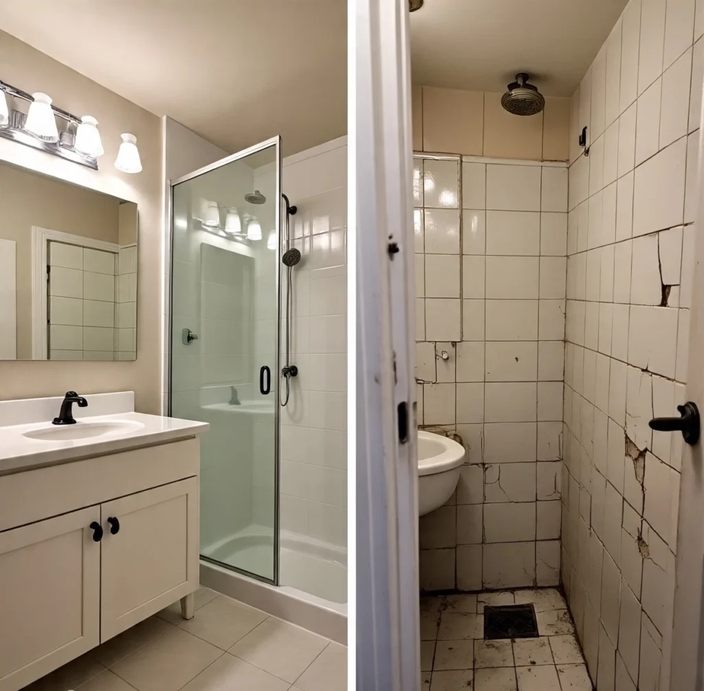 ترميم حمام قبل وبعد يظهر تحويل الحمام من حالة قديمة ومتضررة إلى حمام حديث نظيف يشمل بلاط جديد وأدوات صحية