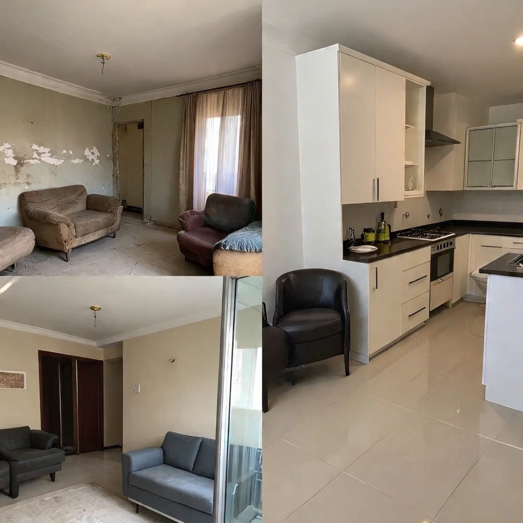 ترميم شقة سكنية قبل وبعد يظهر تحويل المساحات الداخلية من حالة قديمة ومتضررة