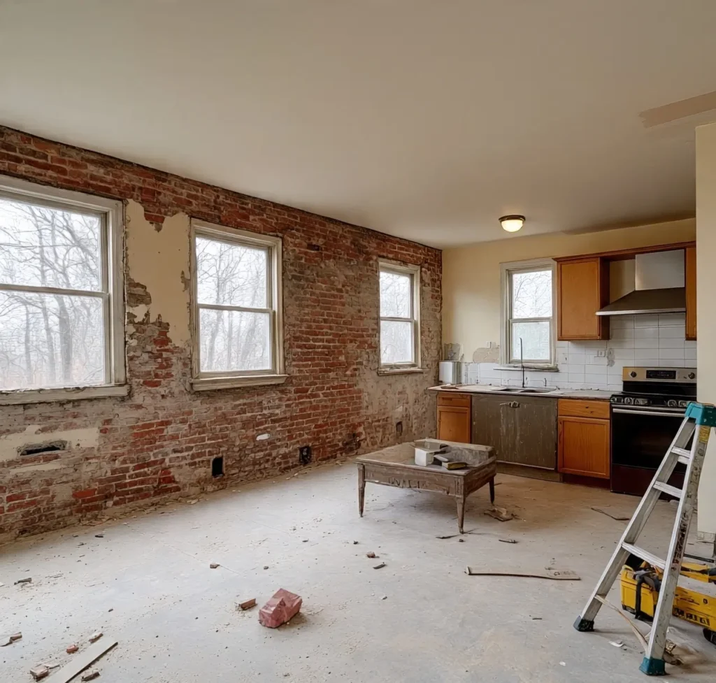 ترميم مبنى قديم من الداخل يشمل إزالة التشطيبات المتضررة وكشف الجدران ومعالجة الأسطح تمهيدًا لإعادة التأهيل