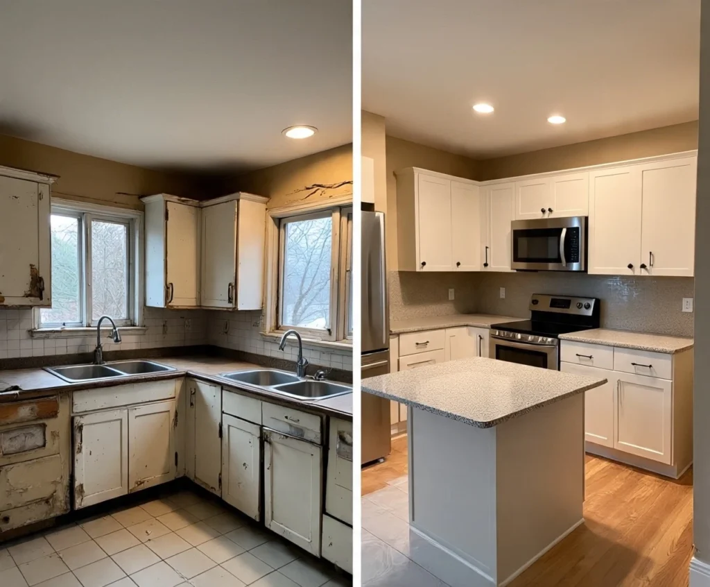 مطبخ قبل وبعد الترميم يظهر تحويل المطبخ القديم المتهالك إلى مطبخ حديث بألوان فاتحة وخزائن جديدة وأرضيات أنيقة