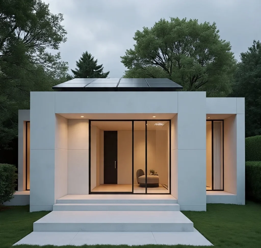 ترميم ملحق خارجي بتصميم حديث يشمل تحسين الواجهة الخارجية وتركيب نوافذ زجاجية كبيرة