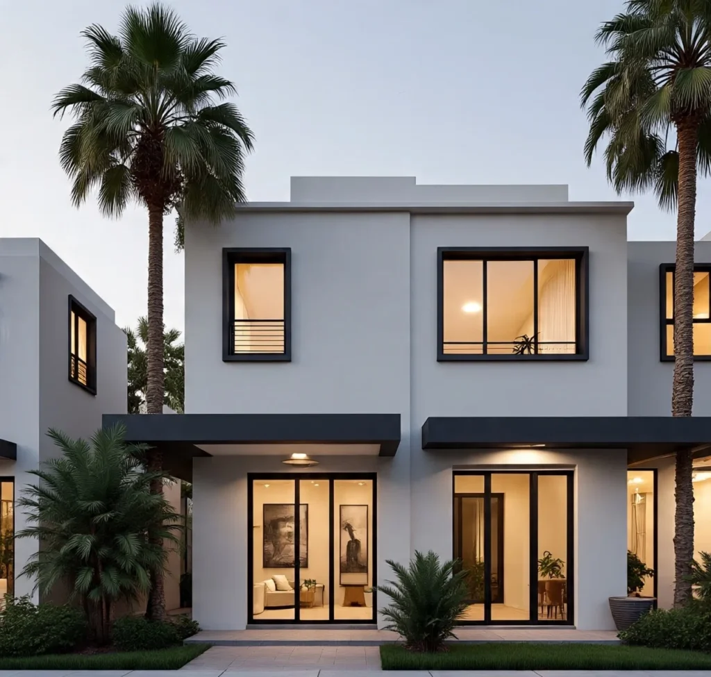 ترميم واجهة منزل حديث يشمل تحسين التصميم الخارجي والدهانات وتحديث النوافذ والإضاءة